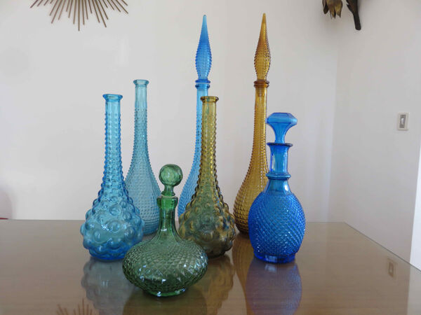 Bouteille, carafe, Empoli, Italy, en verre bullé jaune, années 60 70
