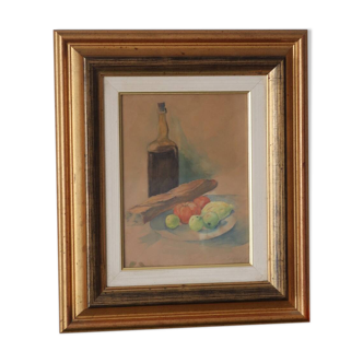 Aquarelle encadrée, nature morte à la bouteille de vin et fruits
