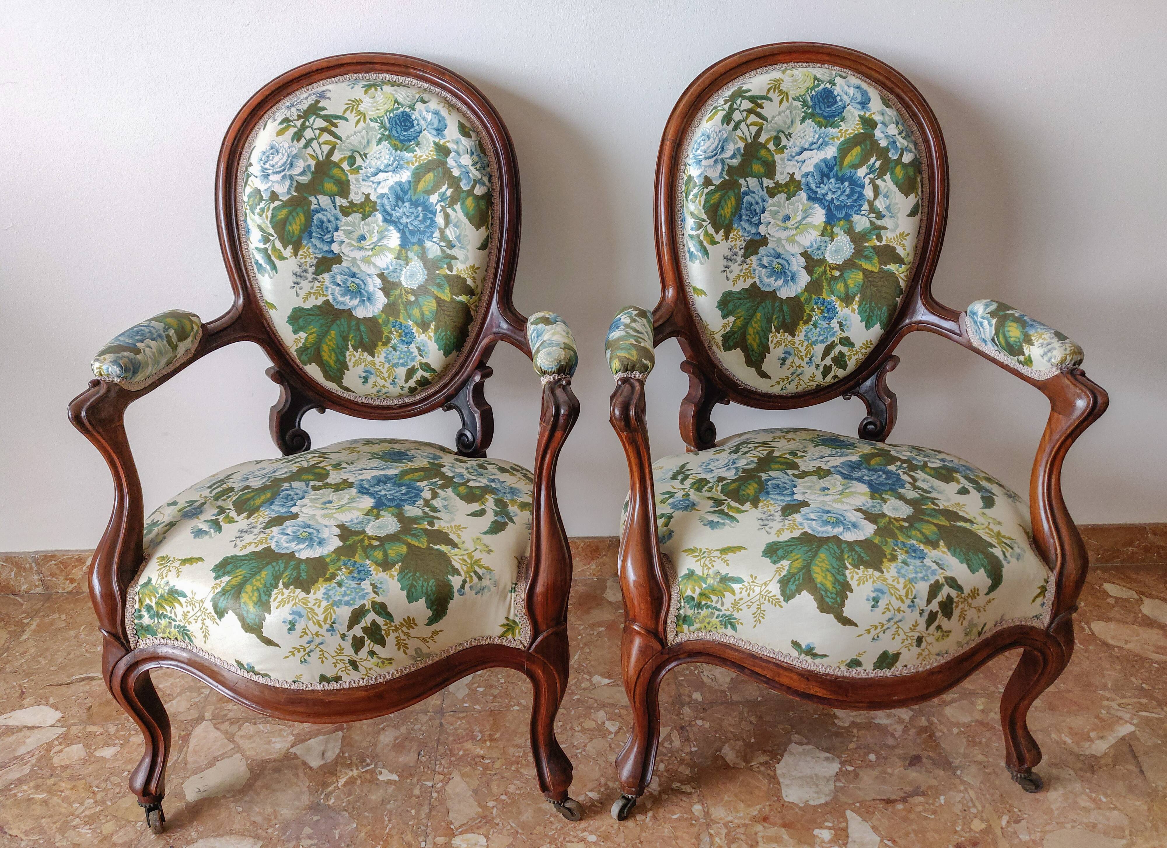 Pair armchairs Louis Philippe solid floral mahogany