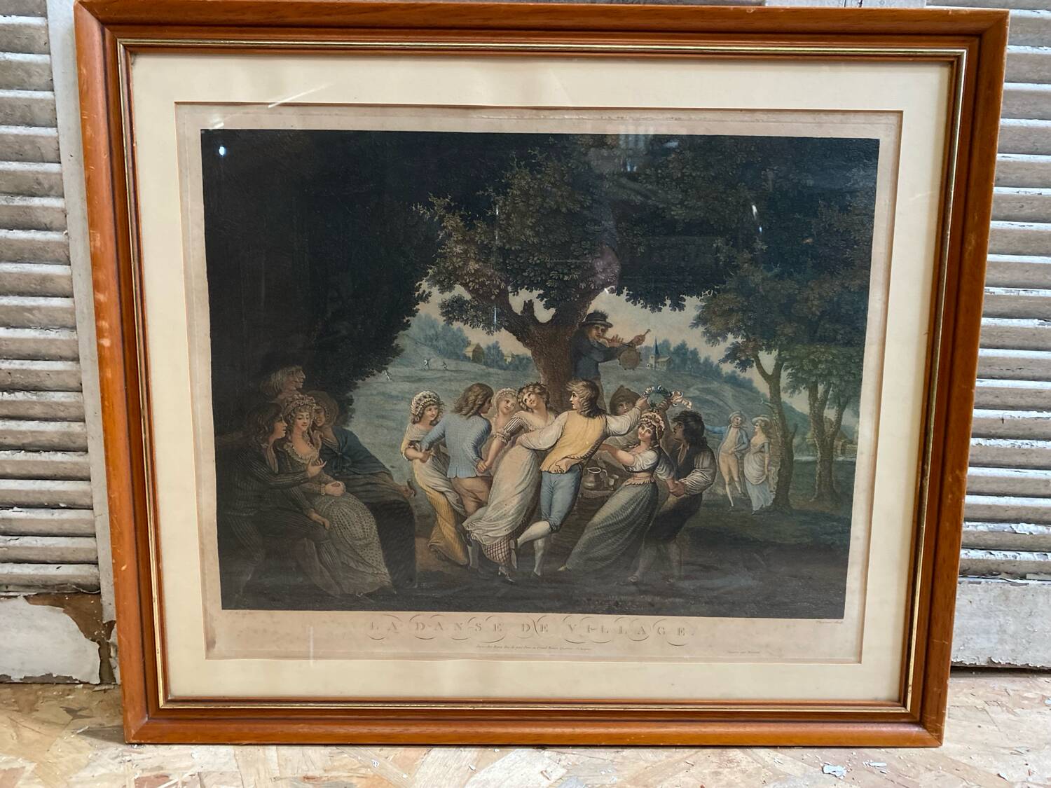 Ancienne gravure a. chaponnier la danse de village paris + cadre bois #b543