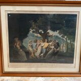 Ancienne gravure a. chaponnier la danse de village paris + cadre bois #b543