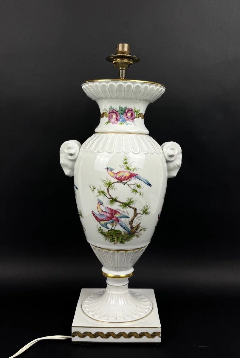 Raynaud Limoges lamp base in porcelain, paradise birds