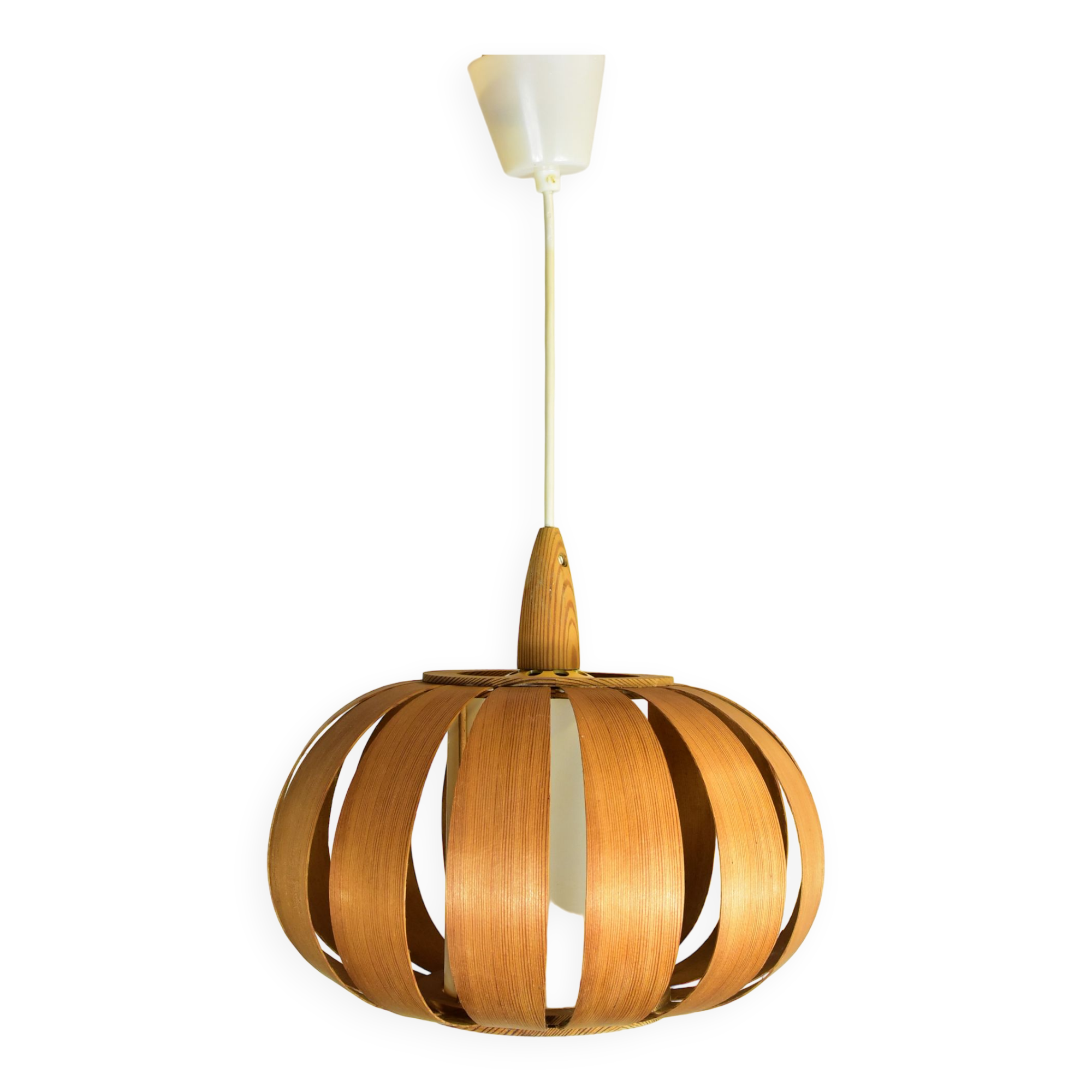 Scandinavian-style wooden pendant light.