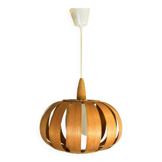 Scandinavian-style wooden pendant light.