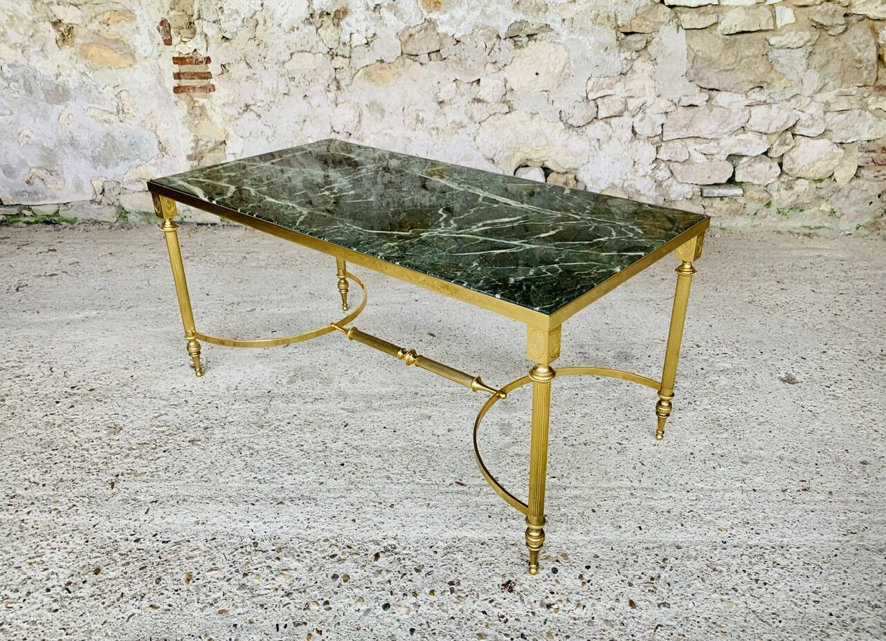Mid-century coffee table in green marble and brass, 1960s