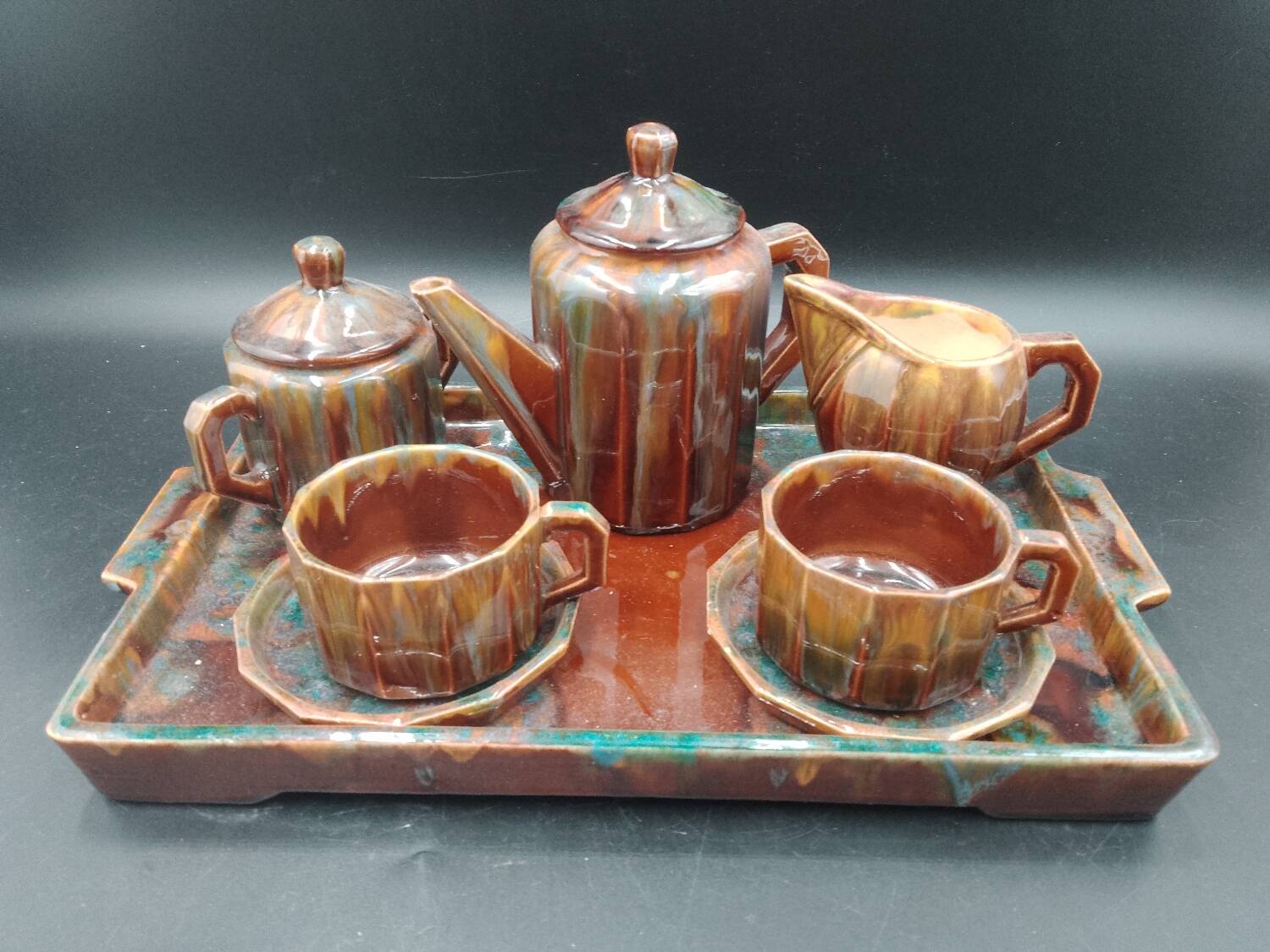 Tête-à-tête coffee service in Puisaye stoneware signed Louis Cagnat, Art Deco