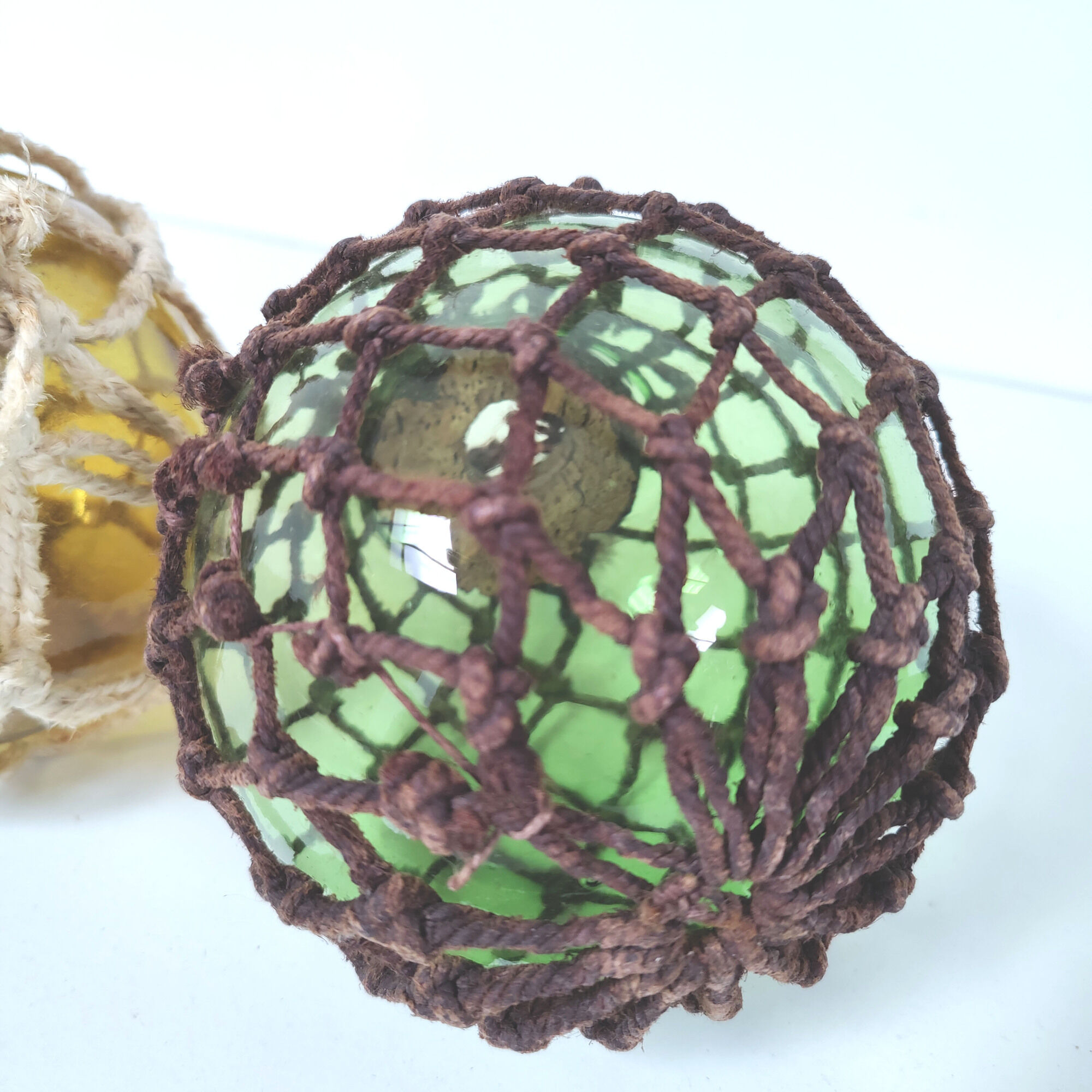Set of 2 marine floats yellow and green ball glass and rope