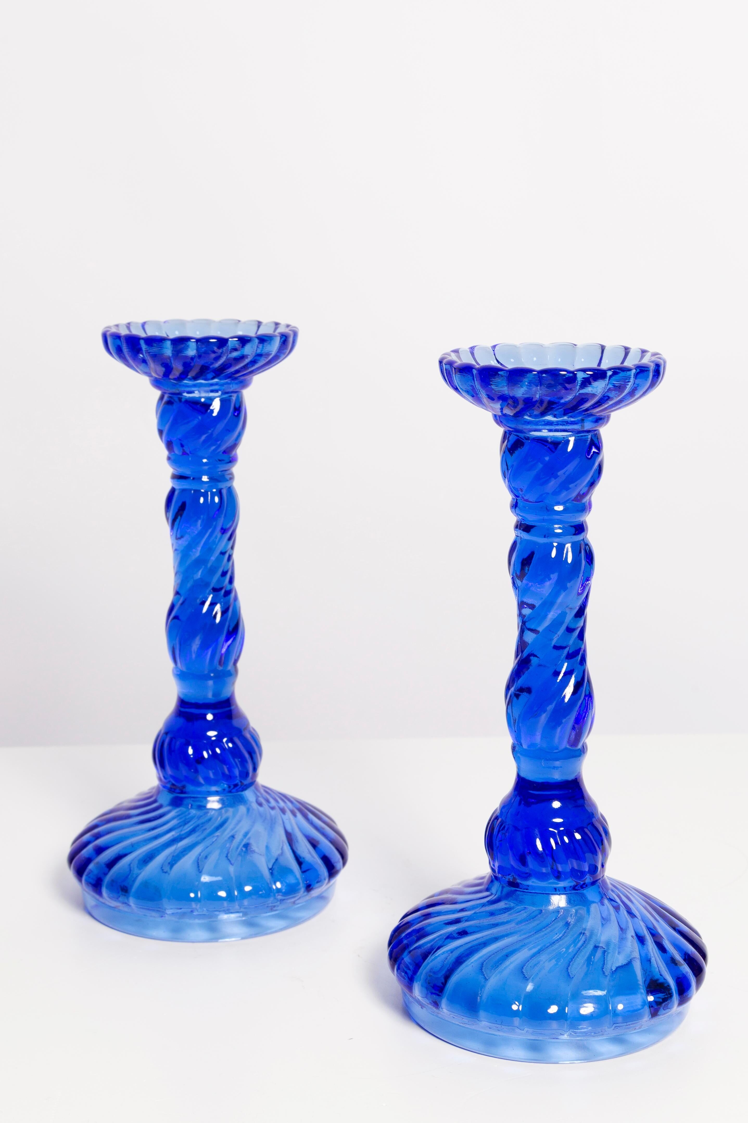 Set of two deep blue glass candlesticks from the mid-century, Poland, 1960s.
