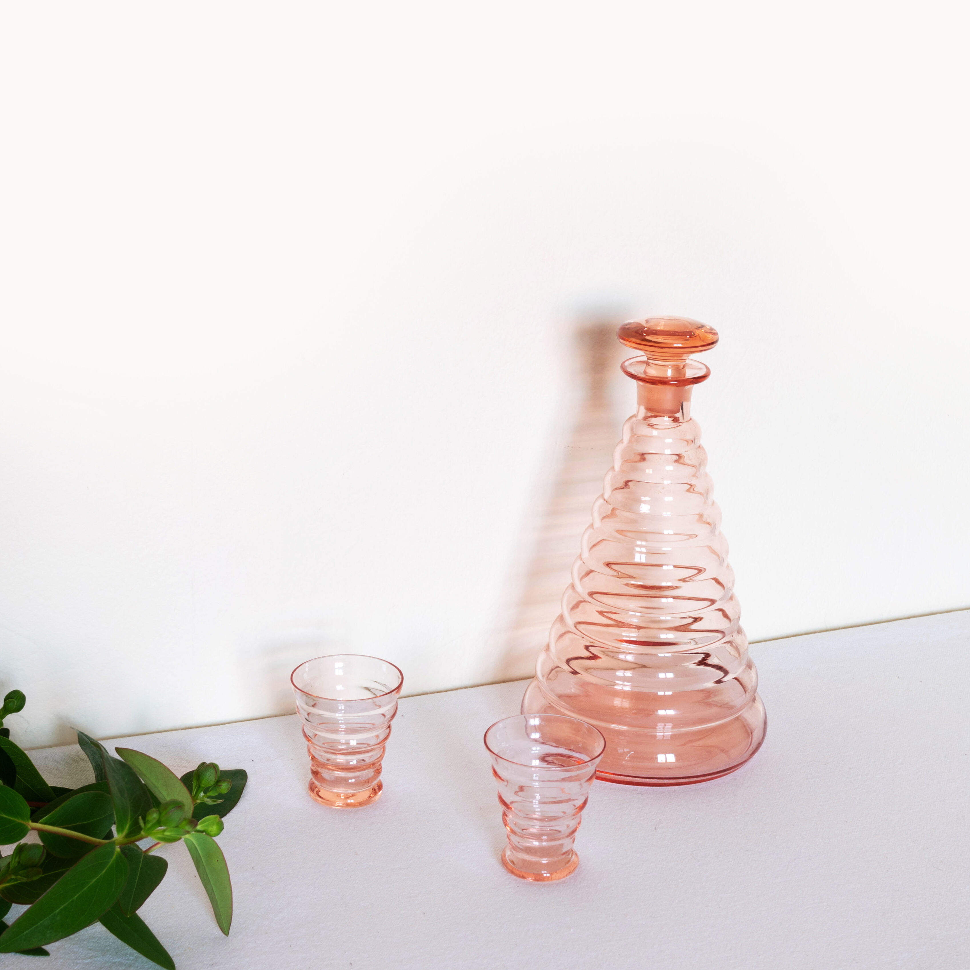 Old pink glass liqueur carafe and 2 glasses