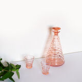 Old pink glass liqueur carafe and 2 glasses