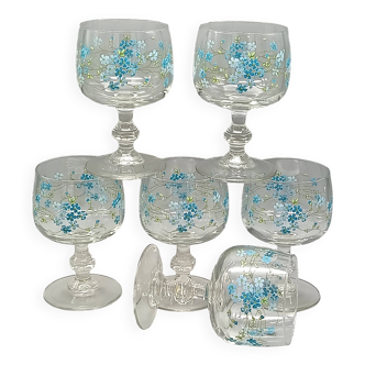 Arcoroc france stemmed glasses with forget-me-not decor, vintage 1980s