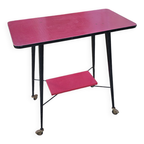 table d'appoint à roulette - skaï rouge - vintage