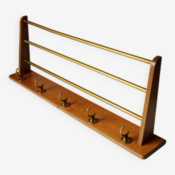 1950s Wall mounted wooden coat rack with 5 brass hooks and metal shelf wear hats, vintage