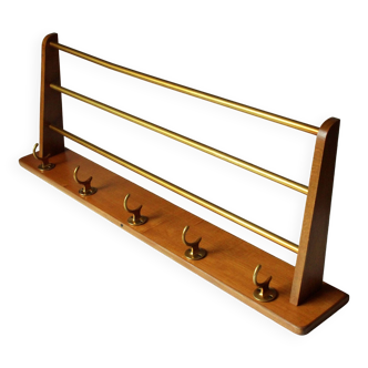 1950s Wall mounted wooden coat rack with 5 brass hooks and metal shelf wear hats, vintage
