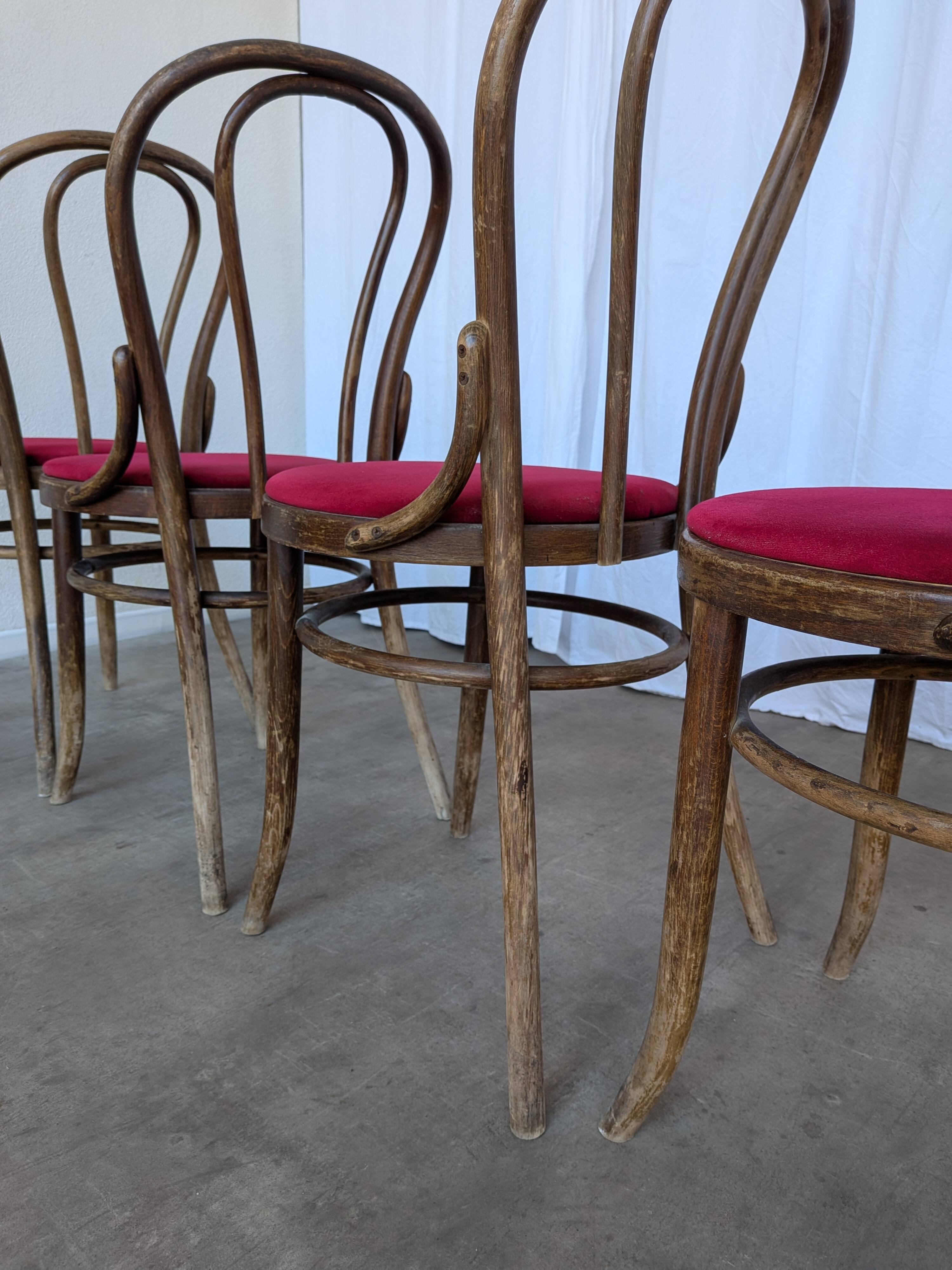 Set of 6 Vintage Bentwood Dining Chairs Set: 1970s , Red Uphols