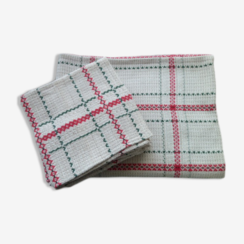 Nappe vintage et 8 serviettes en coton et lin  genre "linge basque" 1.33 x 1.76 m