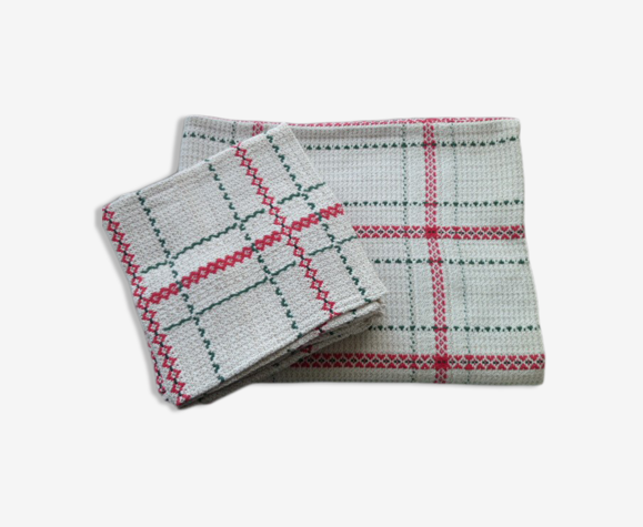 Nappe vintage et 8 serviettes en coton et lin  genre "linge basque" 1.33 x 1.76 m