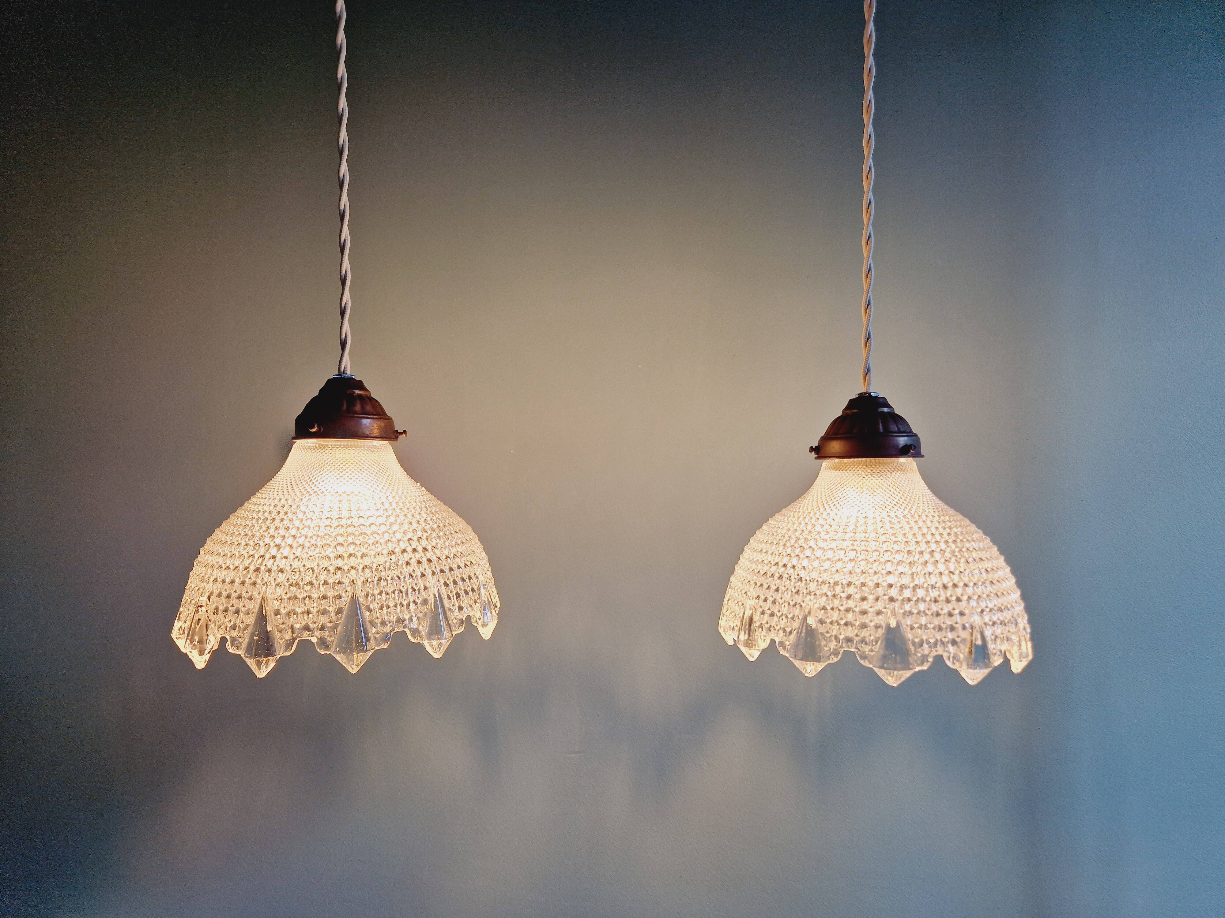 Art Deco scalloped clear glass pendant light, 1920s-30s