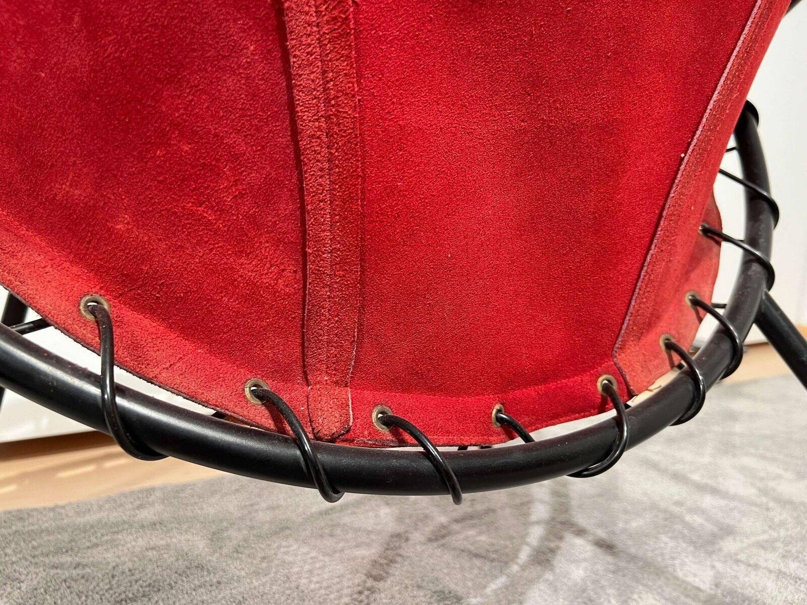 Balloon Lounge Chair in Red Suede & Metal by Hans Olsen, Denmark, 1960s