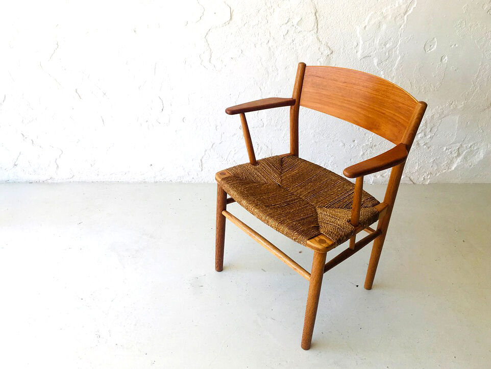 Fauteuil danois en teck, chêne et corde, années 1950