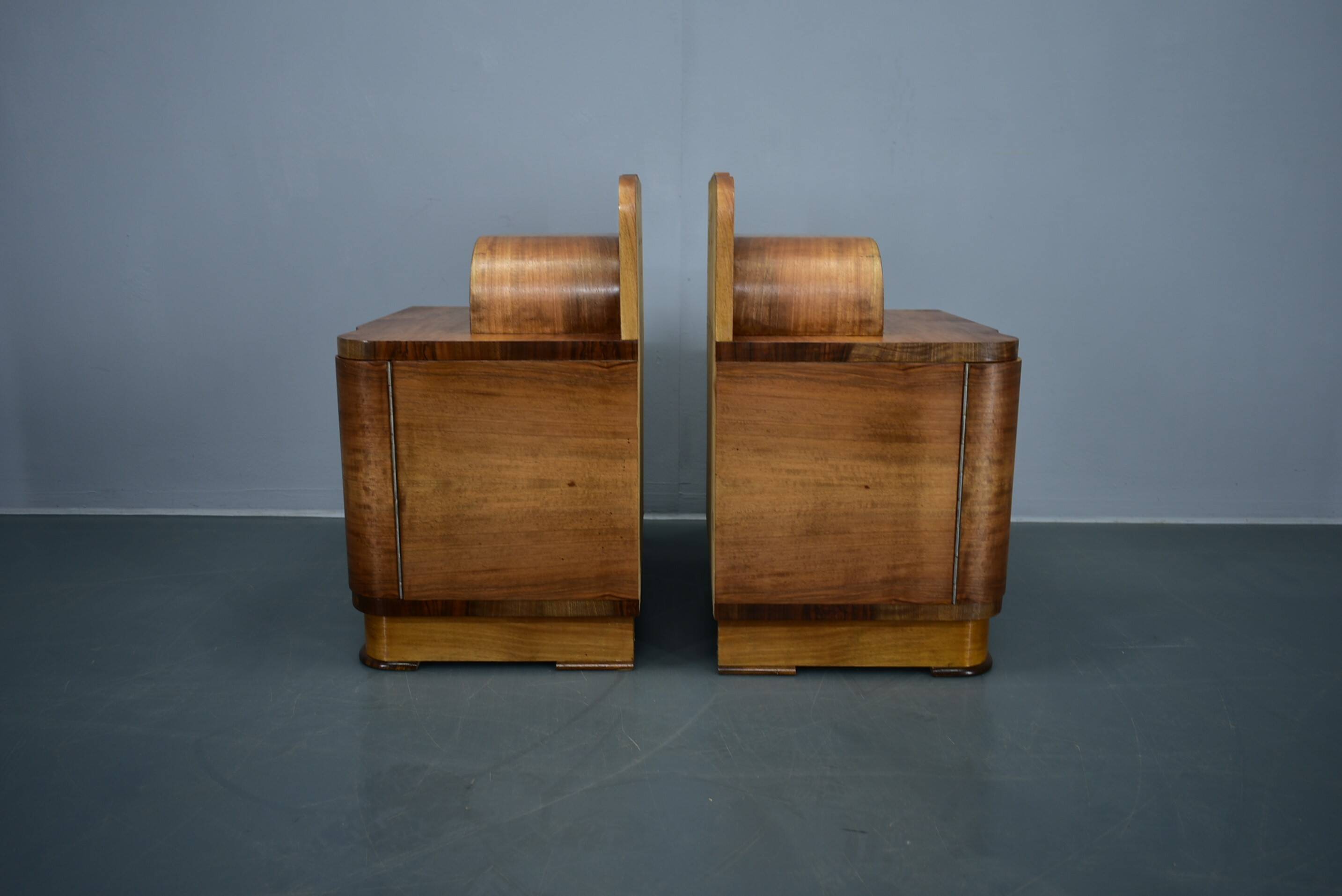 1930s Art Deco nightstands in walnut finish, Czechoslovakia