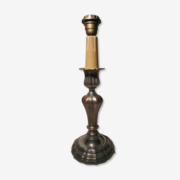 Bougeoir ancien bronze argenté monté pied lampe