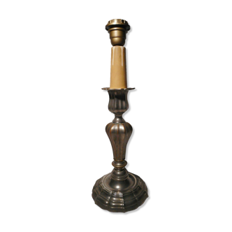 Bougeoir ancien bronze argenté monté pied lampe