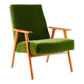Fauteuil vintage vert foncé, bois massif, années 60 / 70