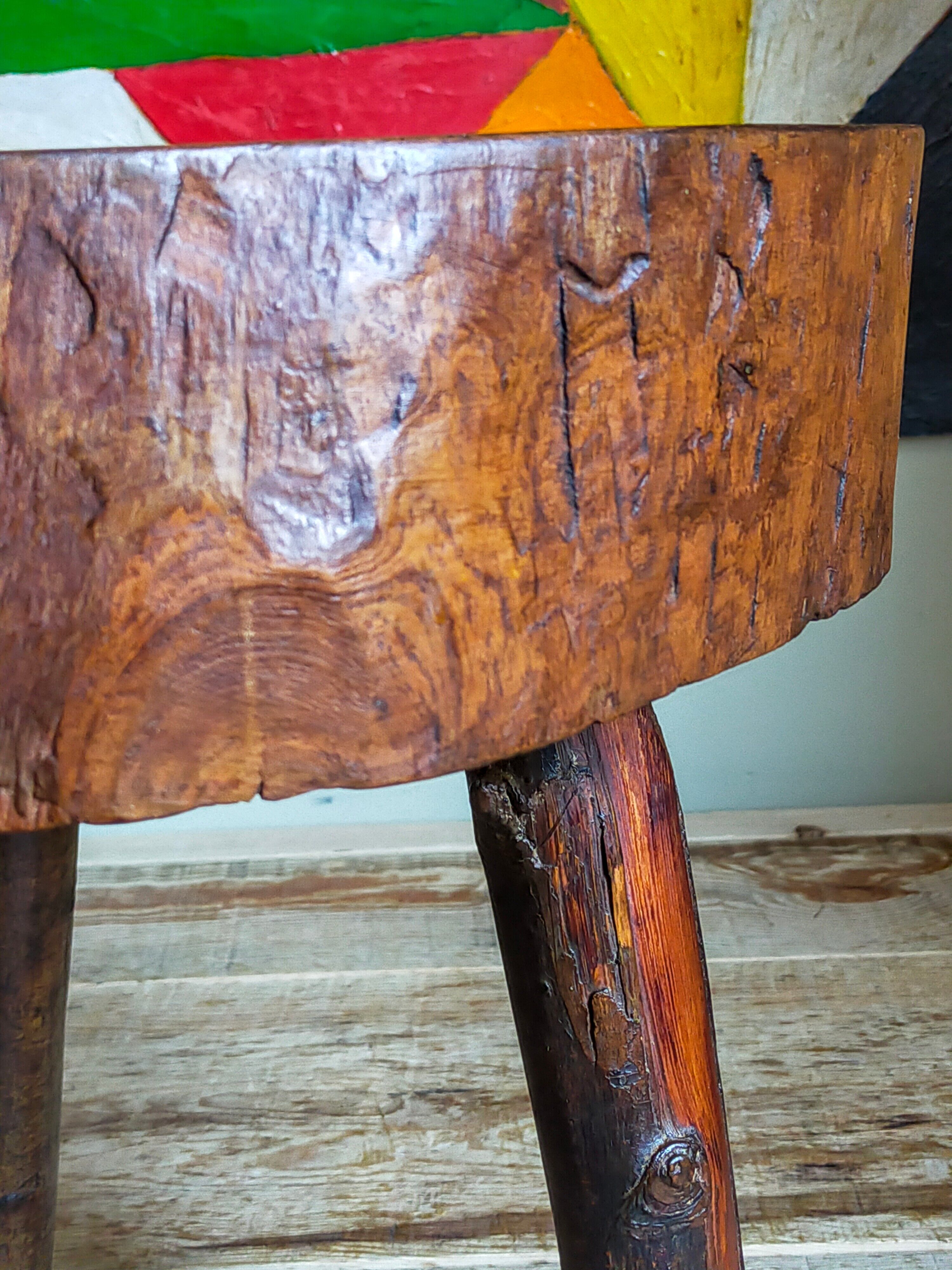 Brutalist tripod stool vintage folk art