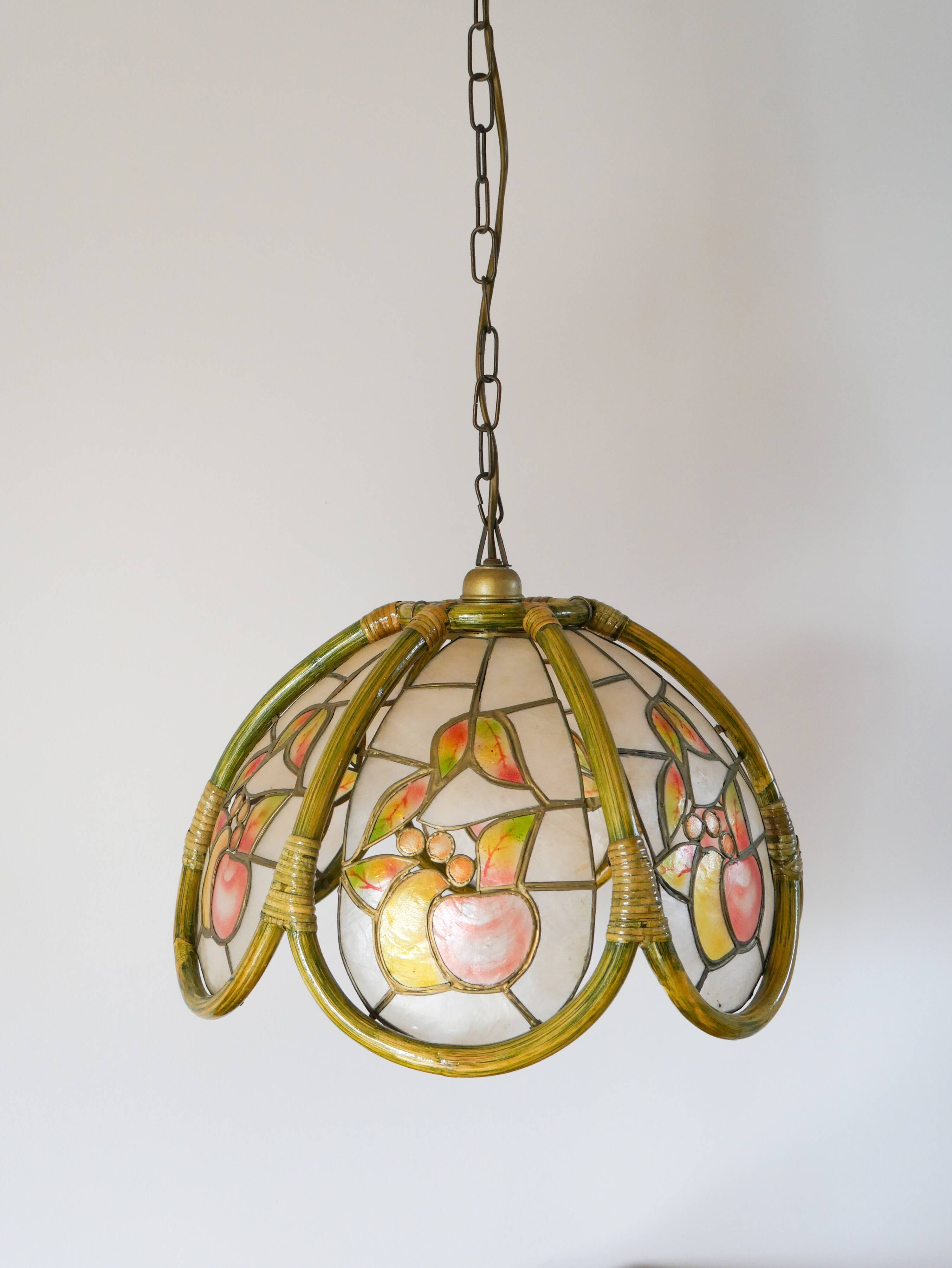 pendant lamp in rattan, bamboo, mother-of-pearl and brass 1970