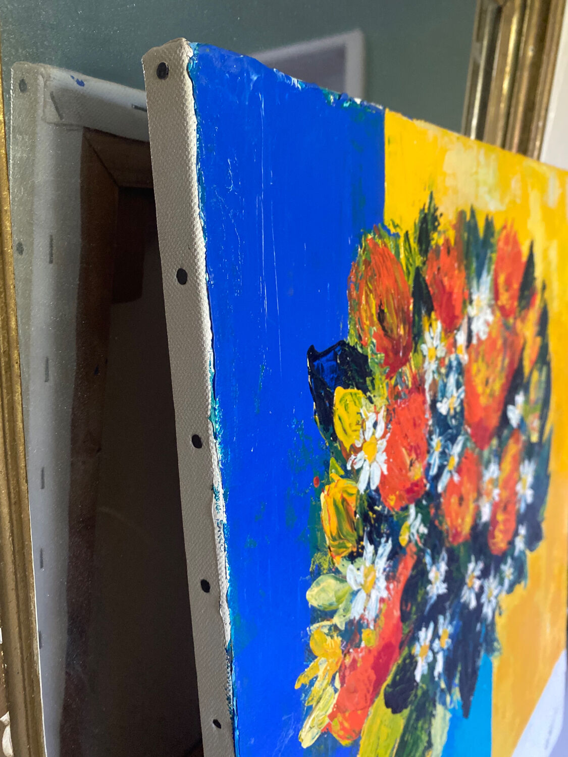 Painting colorful bouquet of flowers signed modernist canvas