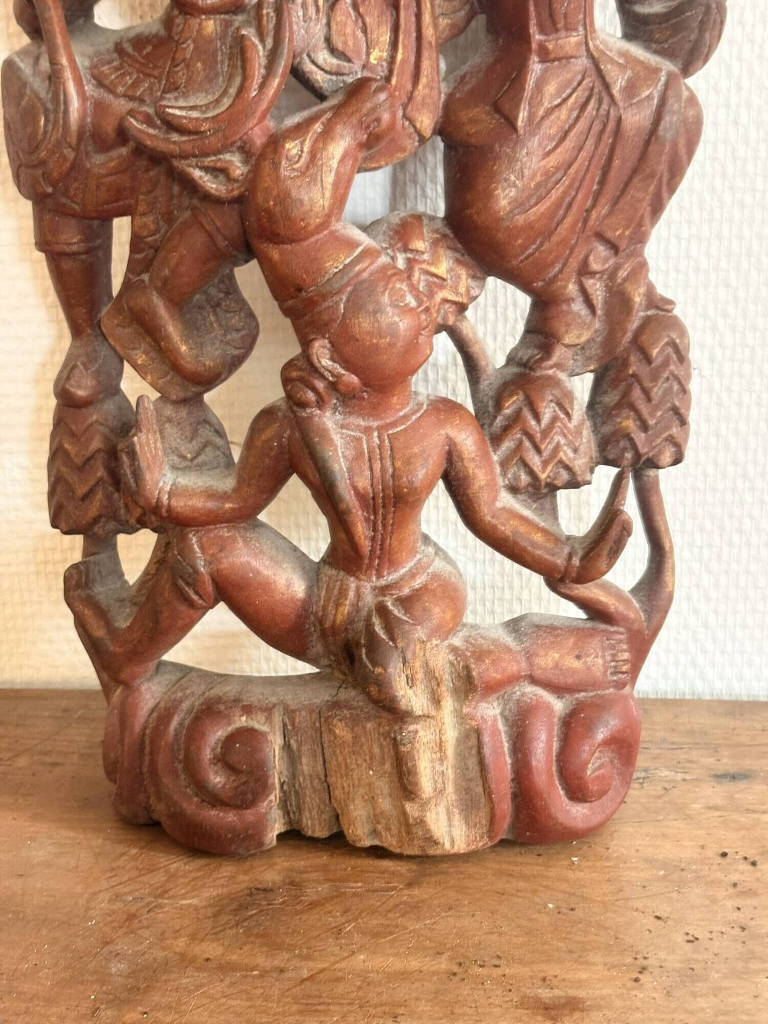 Ancient Carved Wall Panel Deity Wood Thailand Burma Myanmar