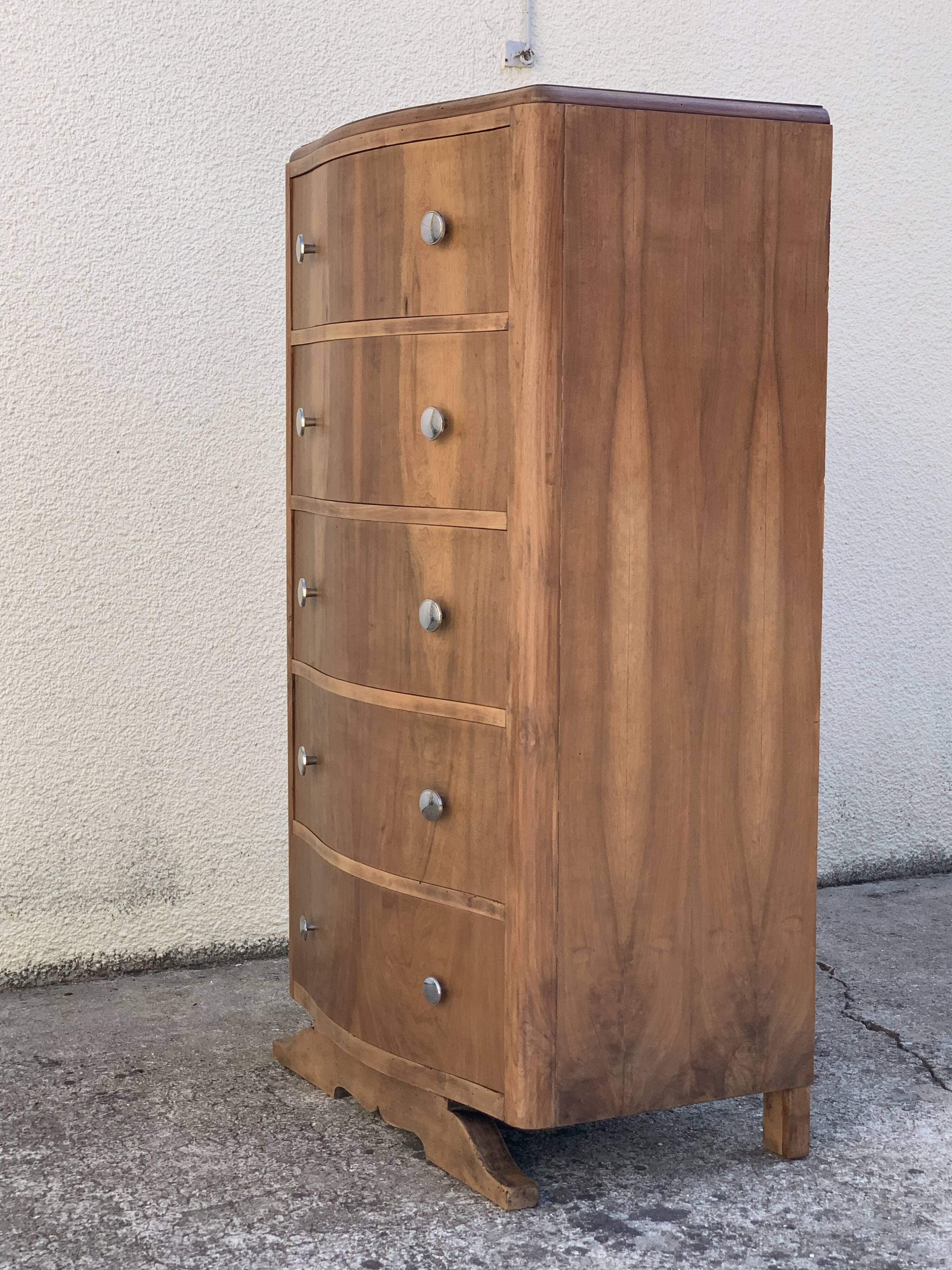 High art deco chest of drawers with mustache feet in raw walnut, 1930s