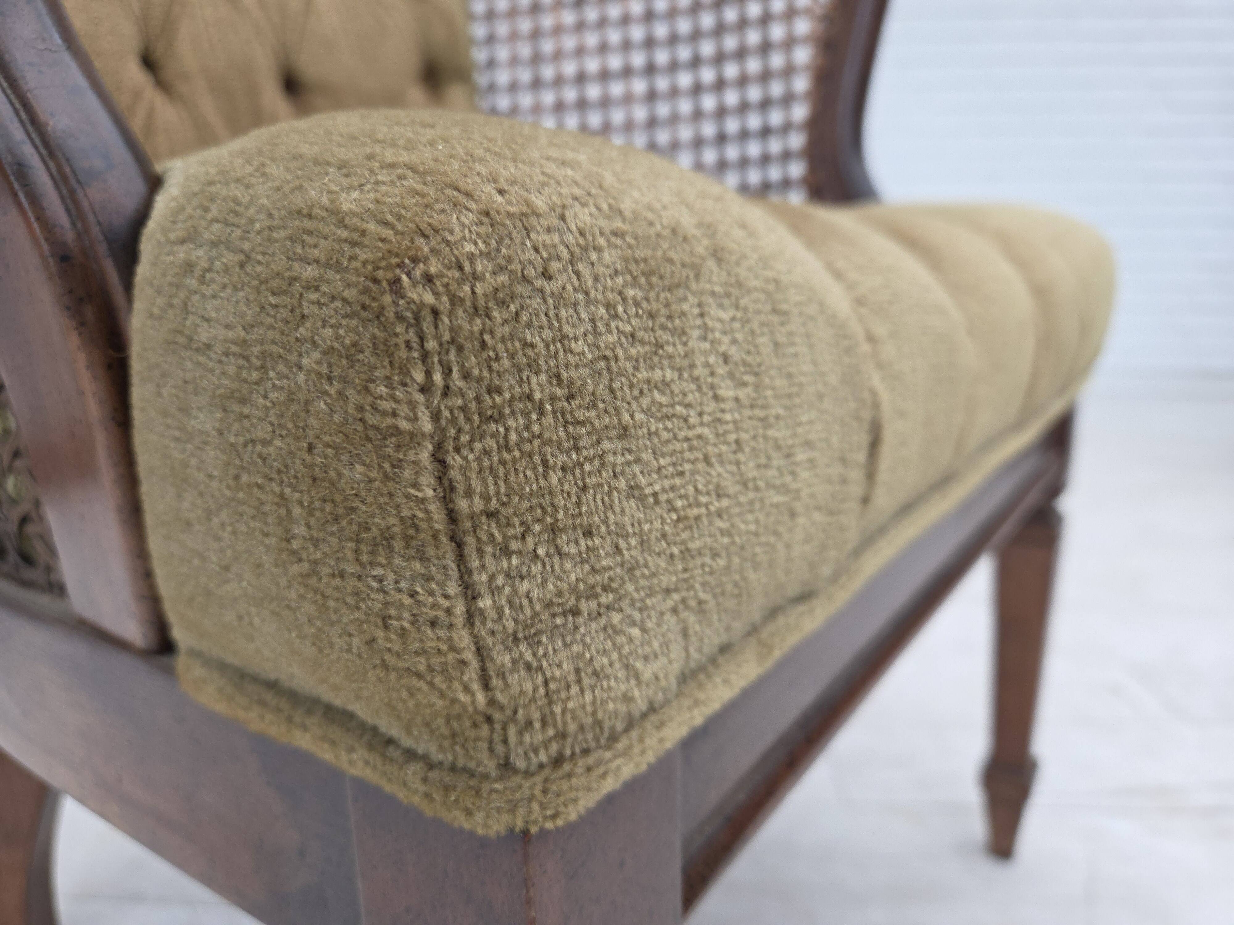 1950s, Danish easy chair, furniture velour, furniture mesh, oak wood.