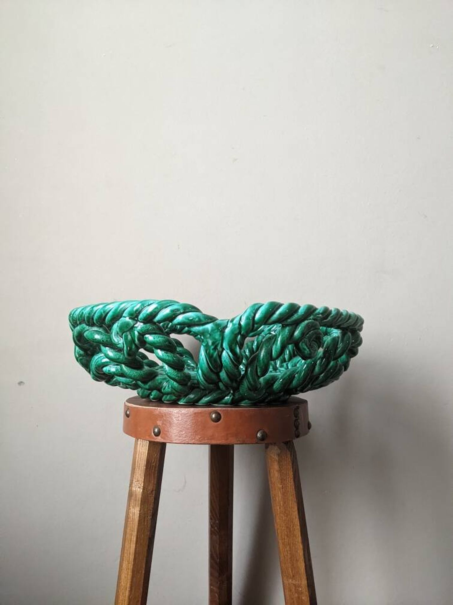 Antique fruit bowl, twisted ceramic, handmade country weaving