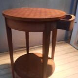 Round marquetry pedestal table with 2 shelves
