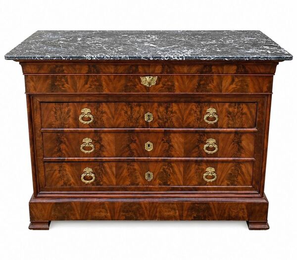 Commode, secrétaire Louis Philippe en noyer, ronce de noyer et marbre, XIXe
