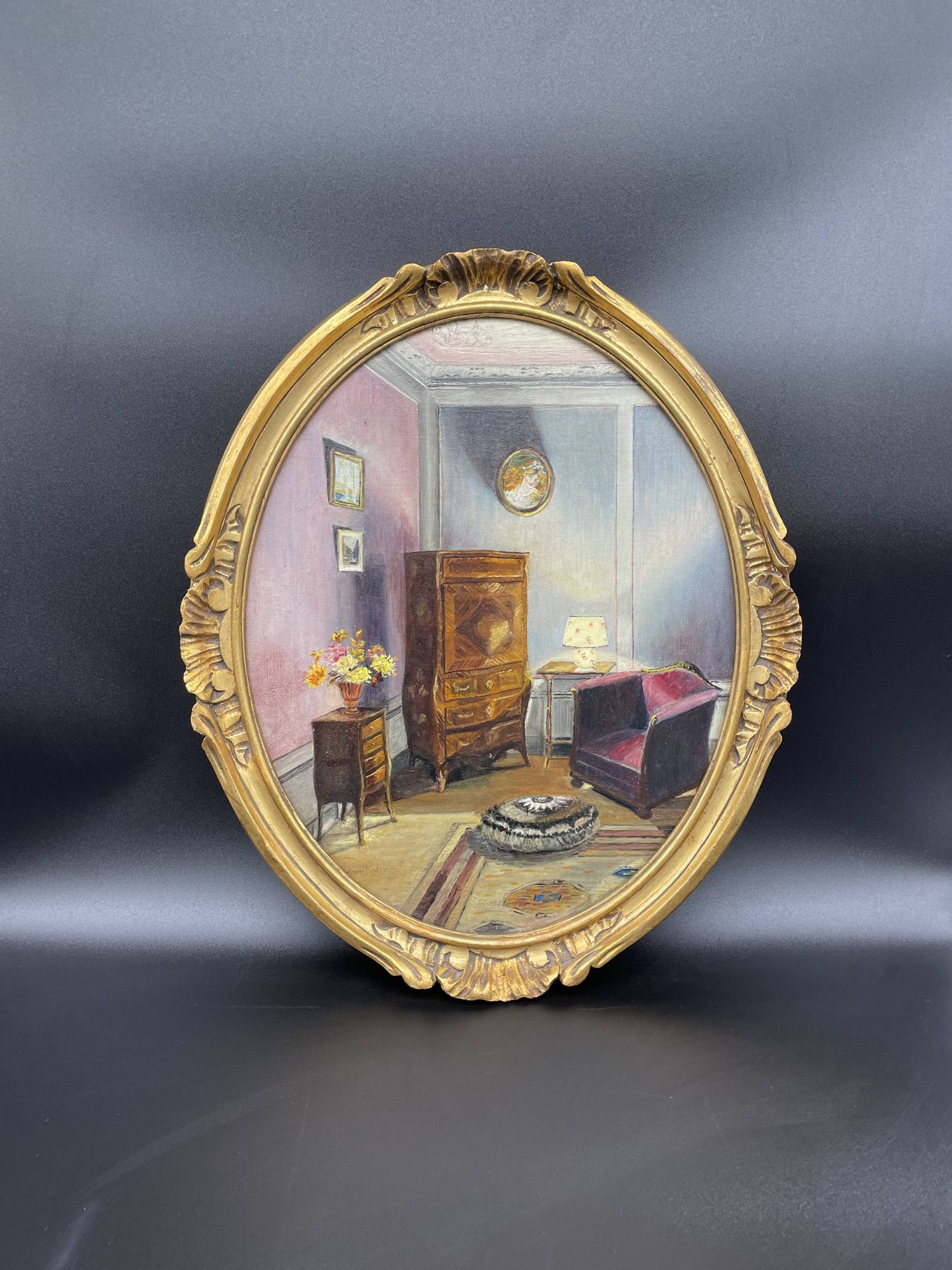Ancient, Oil painting, interior scene, signed, wood frame, gilded, painting, French painter