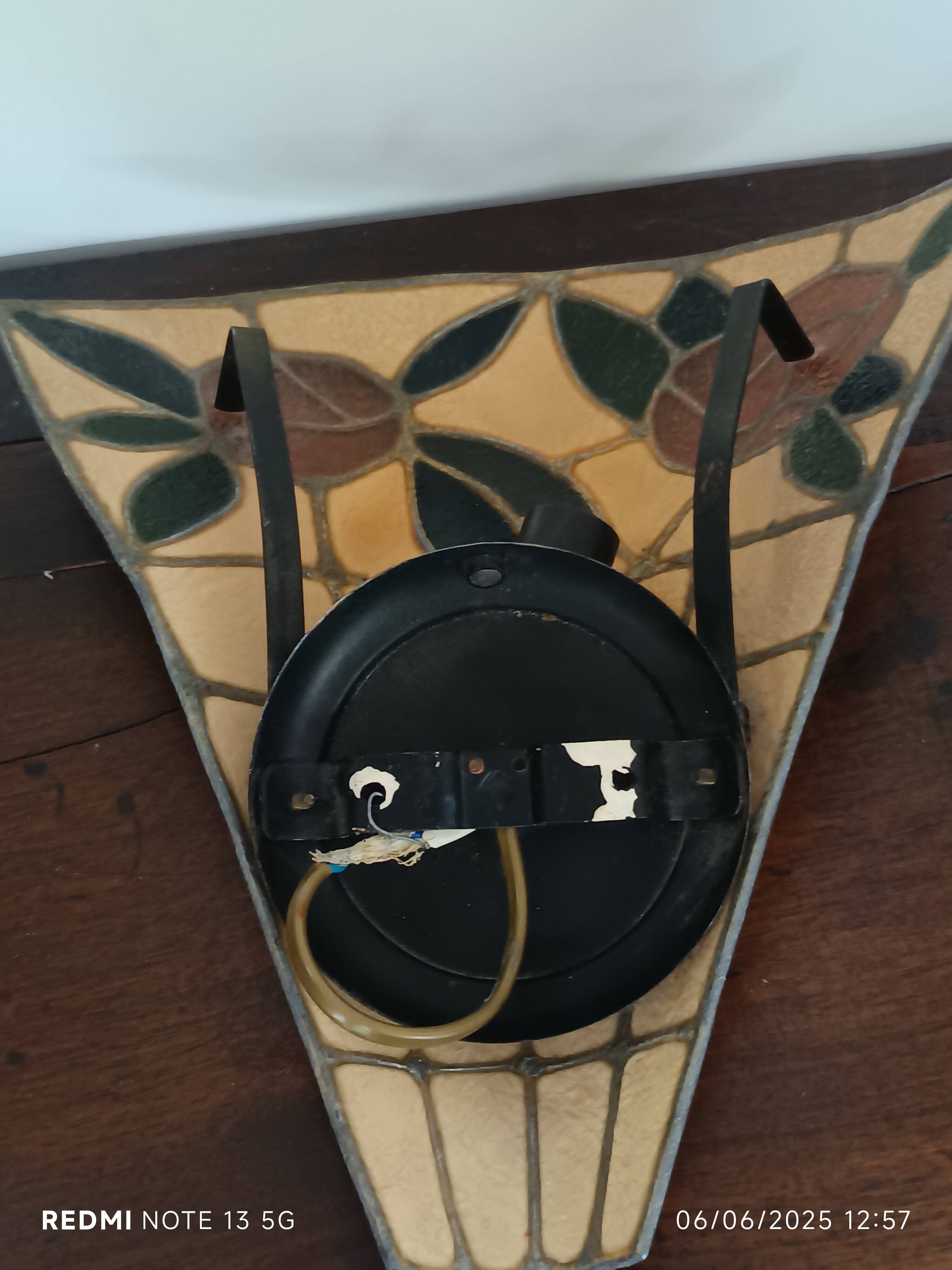 Stained glass and brass wall light from the 1970s