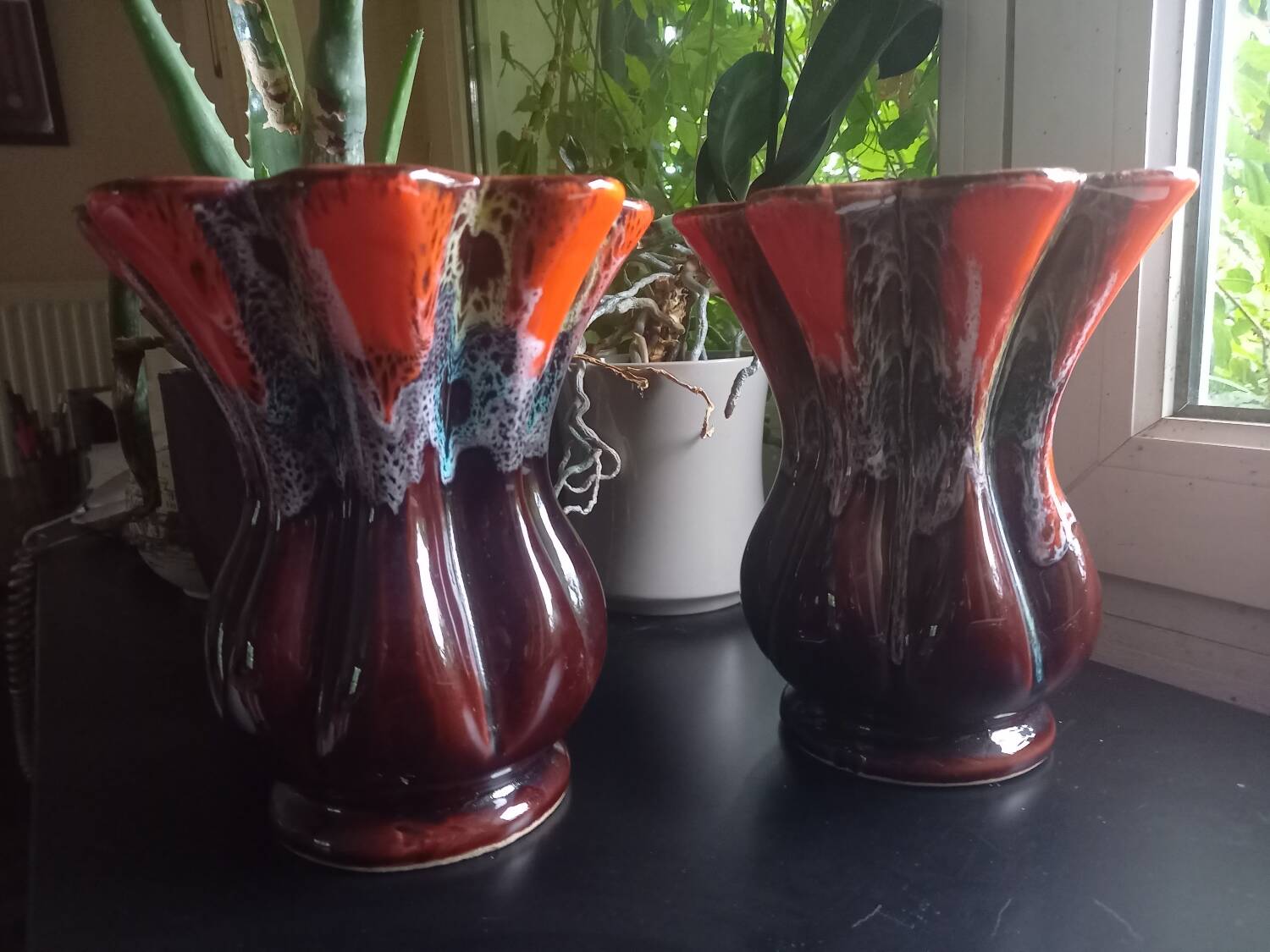 Pair of vintage Vallauris enameled ceramic vases
