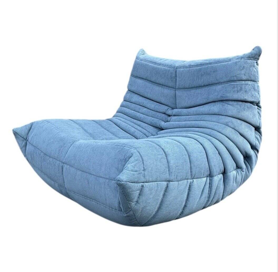 Togo lounge chair in light blue corduroy by Michel Ducaroy for Ligne Roset