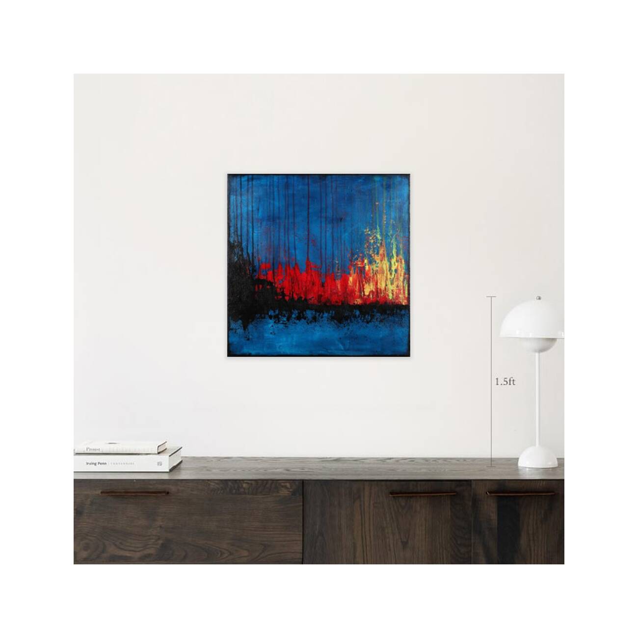 Contemporary abstract artwork in blue, red,black, yelow on stretched canvas