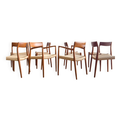 Chaises danoises en teck Mid-Century par Niels O. Møller # 77 & 57 Set de 8