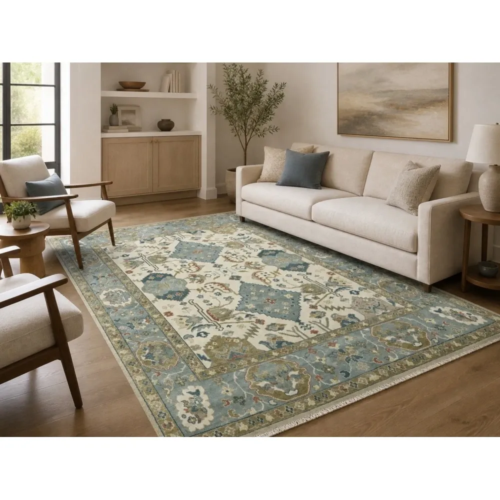 Contemporary Handmade Wool Area Rug, Ivory and Blue Floral Design Carpet for Living Room