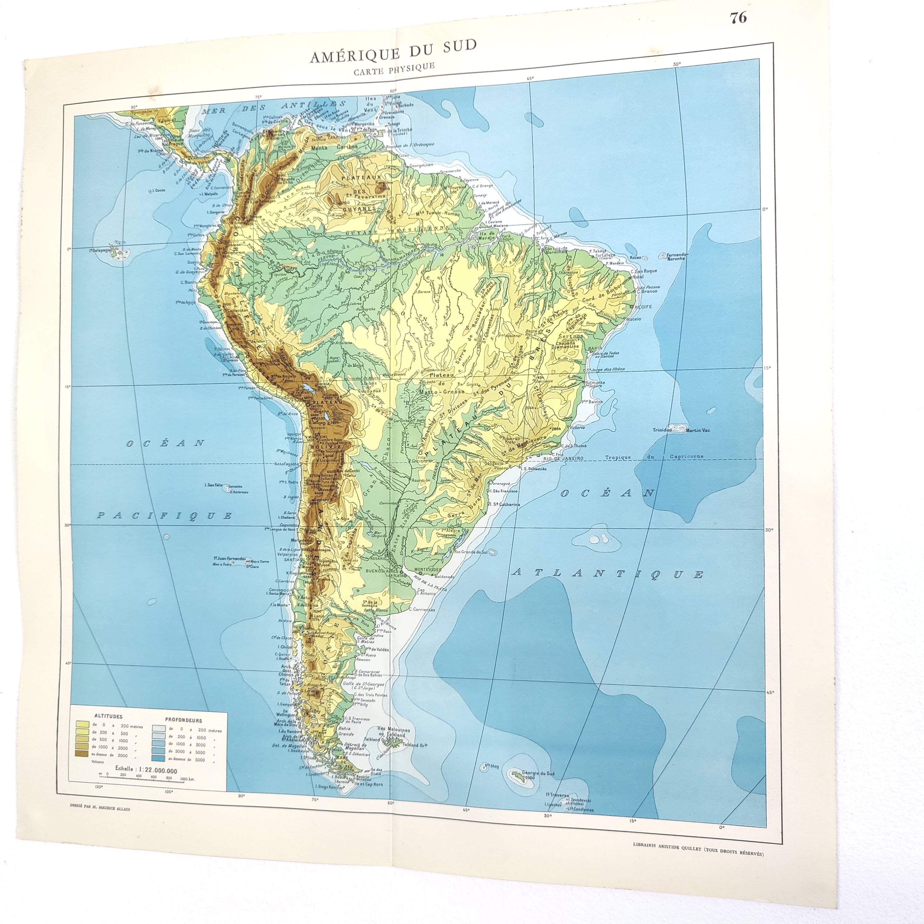 Carte de Amérique du Sud vintage de 1950