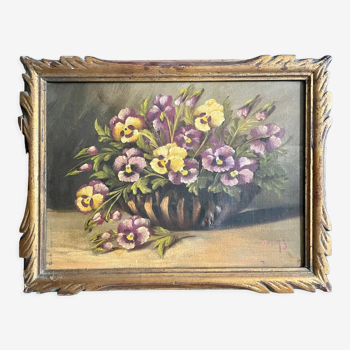 Peinture à l’huile du XIXème siècle sur toile nature morte avec vase de pensées antique vintage original