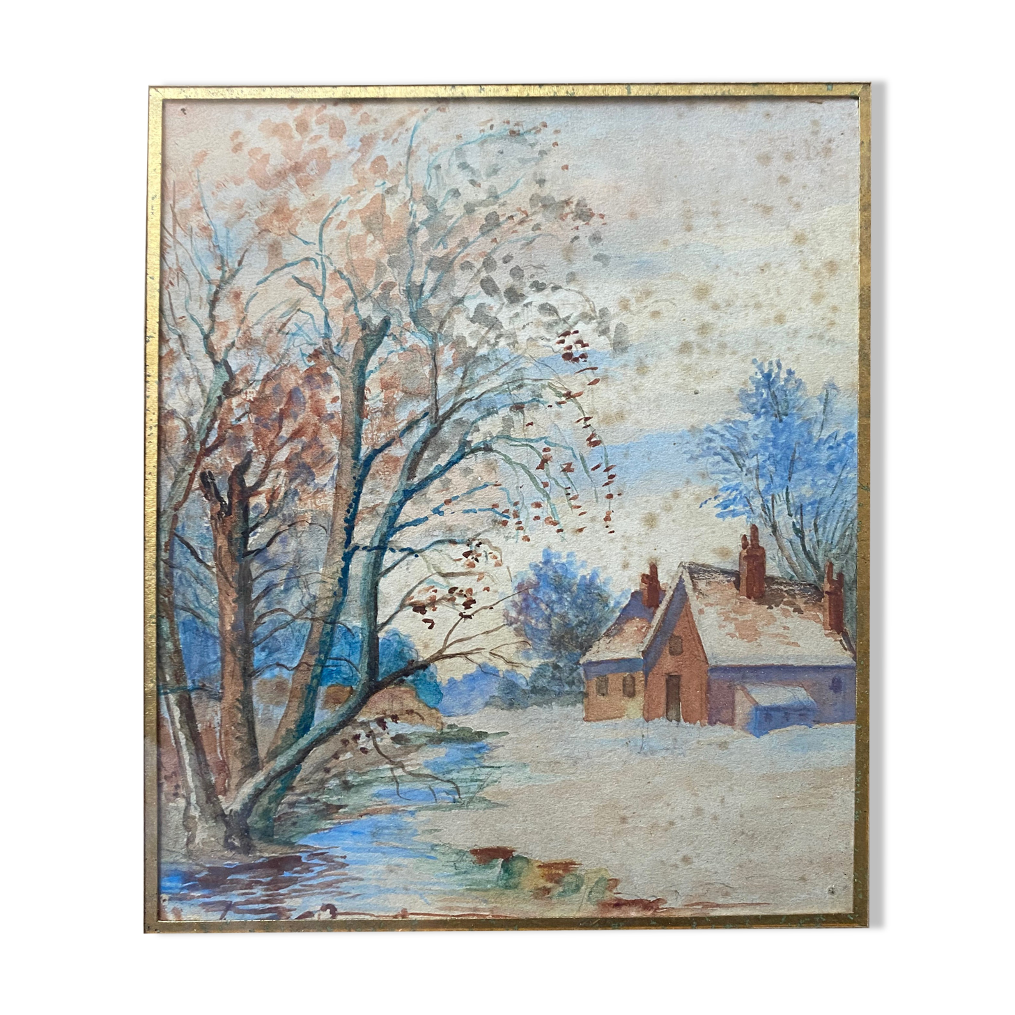 Old watercolor painting "House, winter landscape" + frame