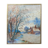 Old watercolor painting "House, winter landscape" + frame