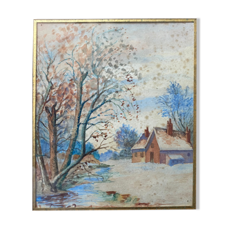 Old watercolor painting "House, winter landscape" + frame