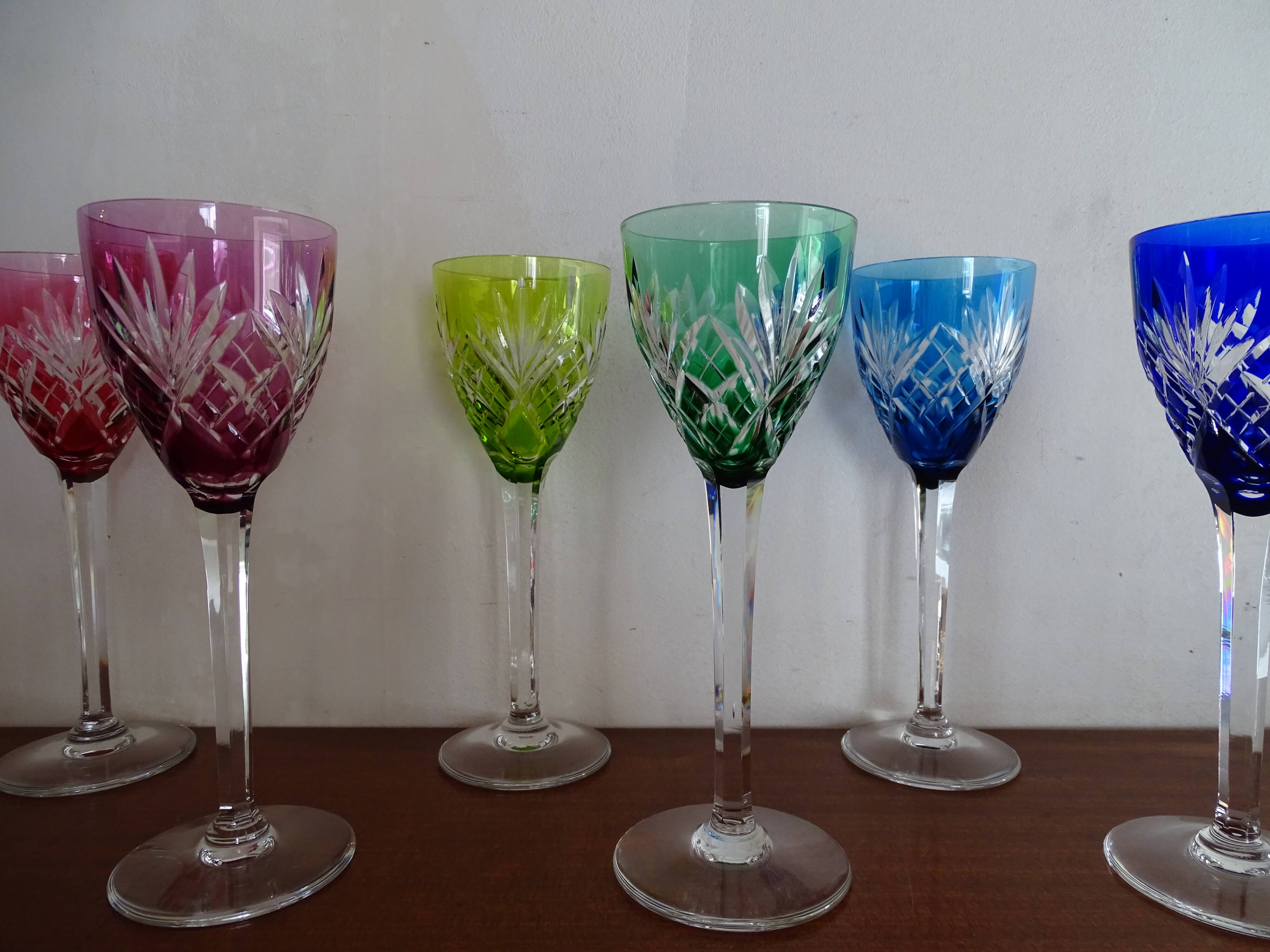 6 Roemer Saint Louis wine glasses in colored lined cut crystal signed